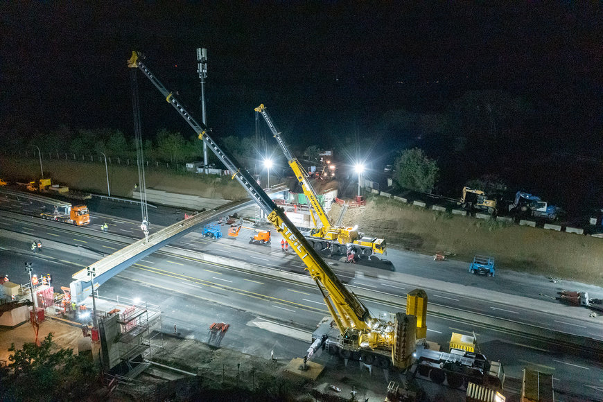 Nachts in Luxemburg: Liebherr-Kranduo hebt 92-Tonnen-Autobahnbrücke ein